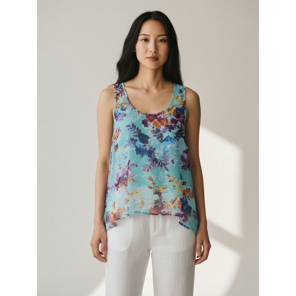 EYESHADOW Sleeveless Aqua Floral Print Scoop Neck Sheer Hi-Lo Camisole Top Sz L